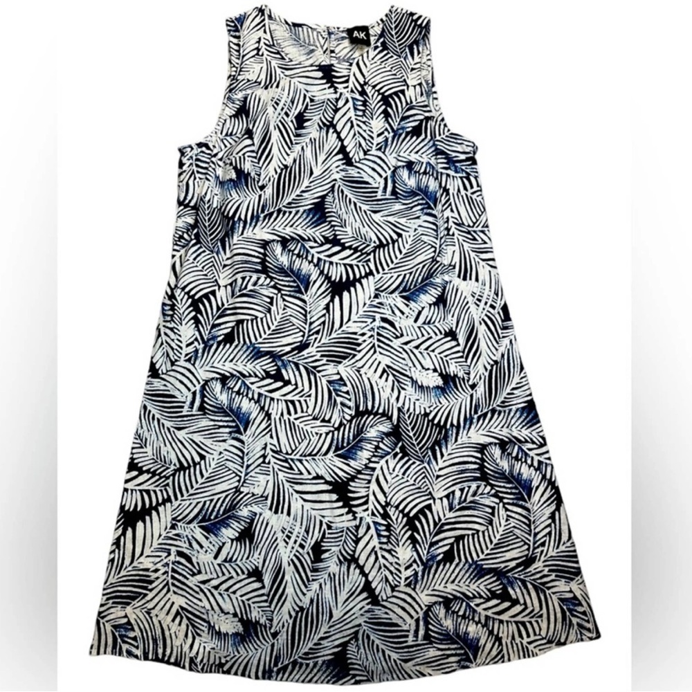 Anne Klein Blue & White Linen Blend Palm Print Dress M